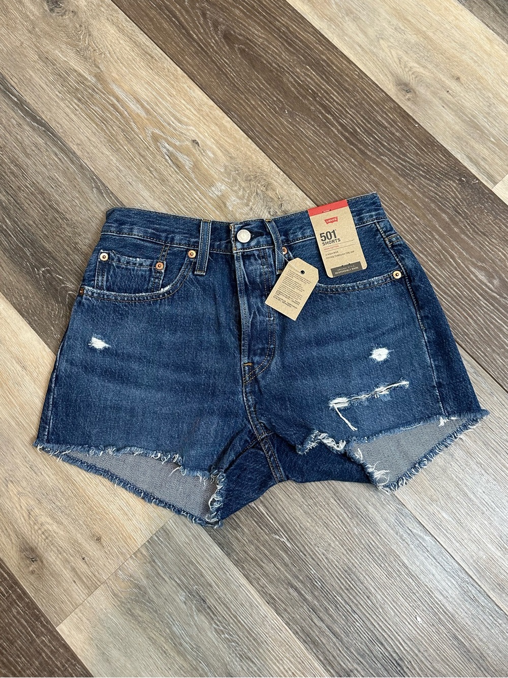 Levi's Dark Blue Distressed Denim Cutoff Shorts - High Rise